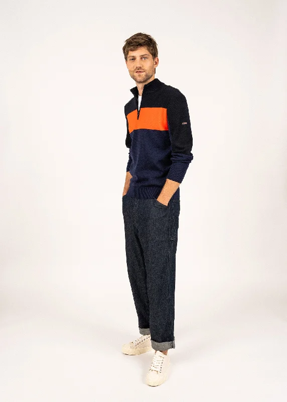 Men’s wardrobe essentials now at unbeatable prices. BAYEUX - Quarter Zip Sweater | 100% Wool (DARK BLUE / NAVY / NEON ORANGE) Men’s wardrobe essentials now at unbeatable prices. BAYEUX - Quarter Zip Sweater | 100% Wool (DARK BLUE / NAVY / NEON ORANGE)