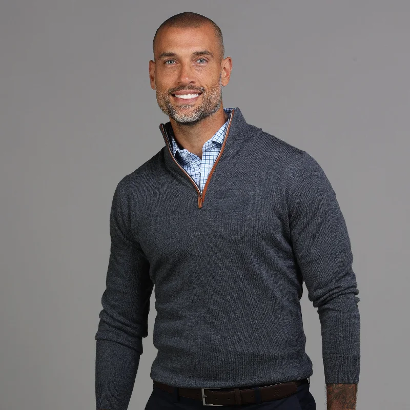 Huge deals on men’s clothing – Limited-time only! Charcoal with Brown Suede Trim Cashmere Touch Australian Merino Quarter Zip Sweater Huge deals on men’s clothing – Limited-time only! Charcoal with Brown Suede Trim Cashmere Touch Australian Merino Quarter Zip Sweater
