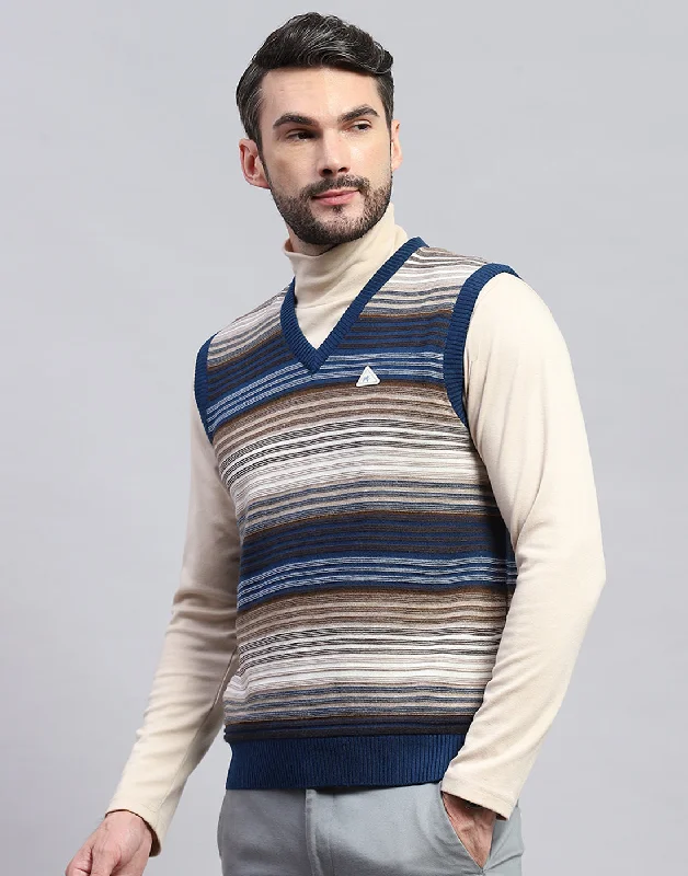 Limited-time offer!  Men Blue Stripe V Neck Sleeveless Sweater