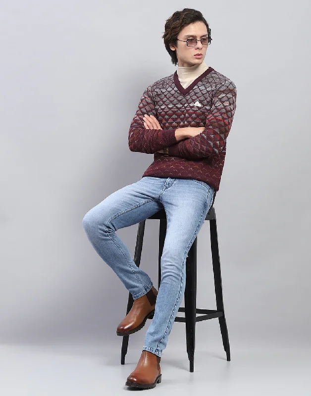 Flash sale alert! Shop fashion-forward clothing at discounted prices. Men Maroon Self Design V Neck Full Sleeve Pullover Flash sale alert! Shop fashion-forward clothing at discounted prices. Men Maroon Self Design V Neck Full Sleeve Pullover