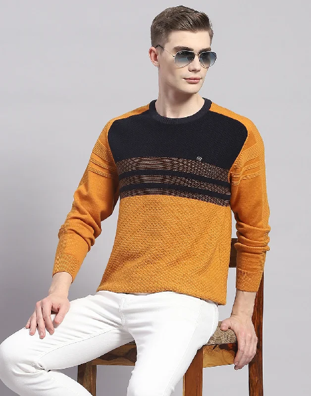 Seasonal sale  Men Mustard Solid Round Neck Full Sleeve Pullover