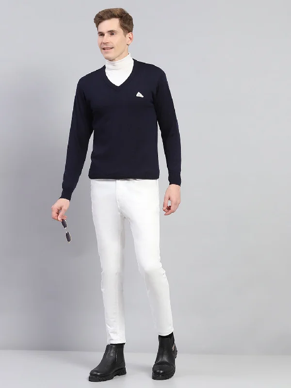 Don’t miss out – Limited-time   Men Navy Blue Solid V Neck Full Sleeve Pullover