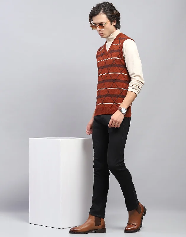 Flash sale: Men’s clothing essentials at irresistible prices! Men Rust Self Design V Neck Sleeveless Sweater Flash sale: Men’s clothing essentials at irresistible prices! Men Rust Self Design V Neck Sleeveless Sweater