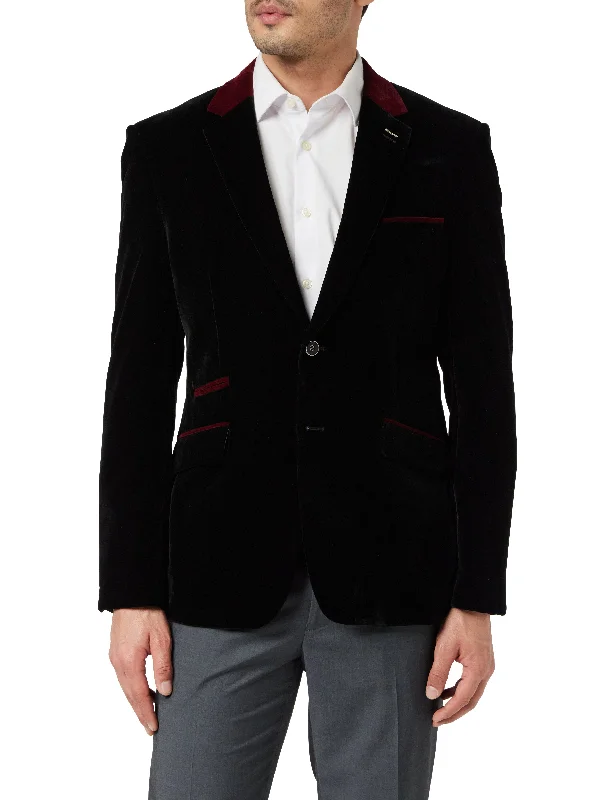 Refresh your wardrobe with the best deals on men's fashion. TIM Black Velvet Blazer with Maroon Trim Refresh your wardrobe with the best deals on men's fashion. TIM Black Velvet Blazer with Maroon Trim