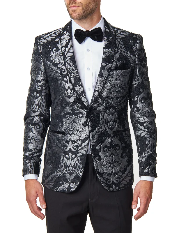 Look your best with exclusive savings on men’s fashion. GLEN - Grey Floral Foliage on Black Jacquard Tuxedo Jacket Look your best with exclusive savings on men’s fashion. GLEN - Grey Floral Foliage on Black Jacquard Tuxedo Jacket