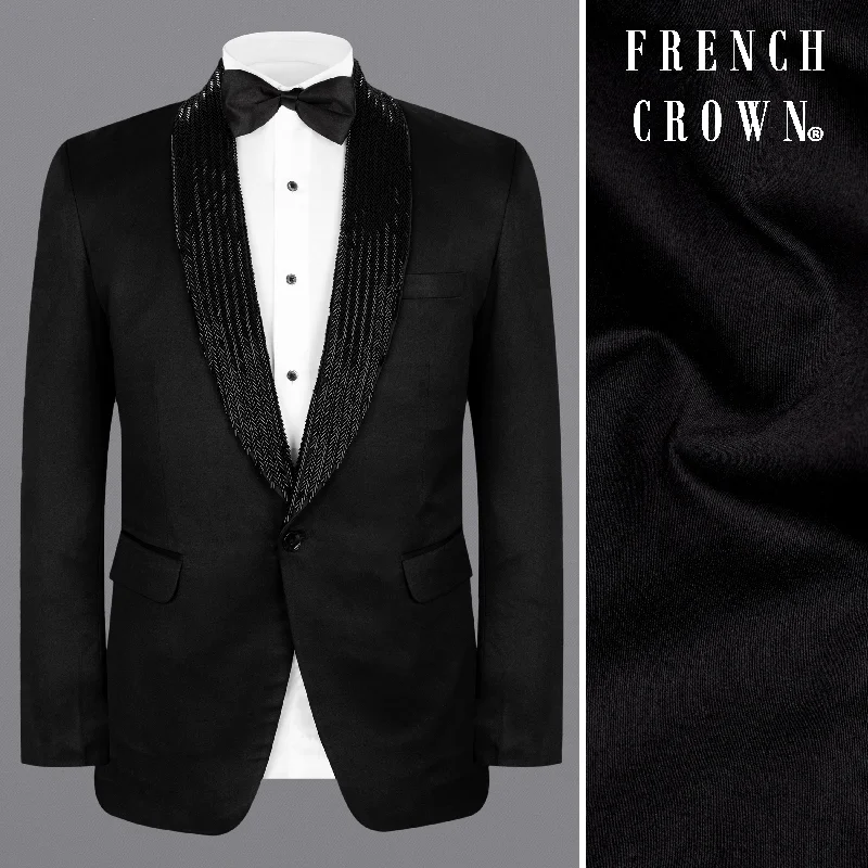 Don’t wait – shop the biggest sale of the season on men’s clothing! Jade Black Subtle Sheen Wool Rich Hand Crafted Designer Tuxedo Blazer Don’t wait – shop the biggest sale of the season on men’s clothing! Jade Black Subtle Sheen Wool Rich Hand Crafted Designer Tuxedo Blazer