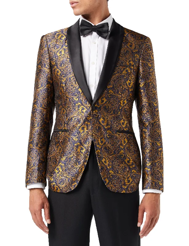 Time to shop! Men’s clothing deals you can’t resist. Gold Paisley Print on Navy Tuxedo Jacket Time to shop! Men’s clothing deals you can’t resist. Gold Paisley Print on Navy Tuxedo Jacket