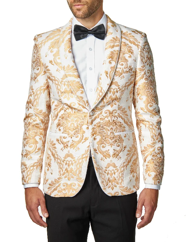 Save big on men’s casual wear – today only! GLEN - Peach Paisley Brocade Print on Ivory Cream Jacquard Jacket Save big on men’s casual wear – today only! GLEN - Peach Paisley Brocade Print on Ivory Cream Jacquard Jacket
