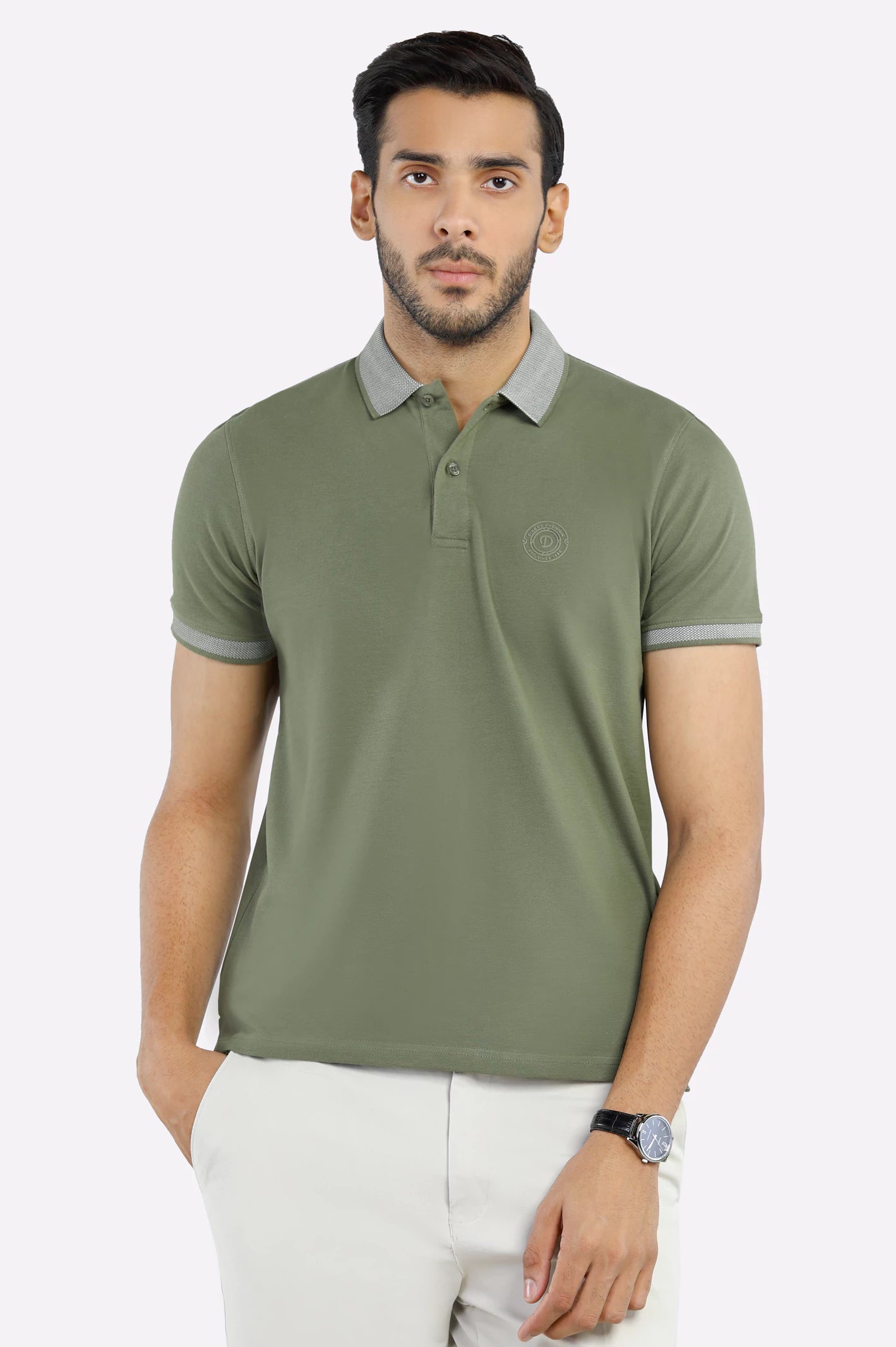 Men’s wardrobe essentials now at unbeatable prices.  Olive Jacquard Collar Polo