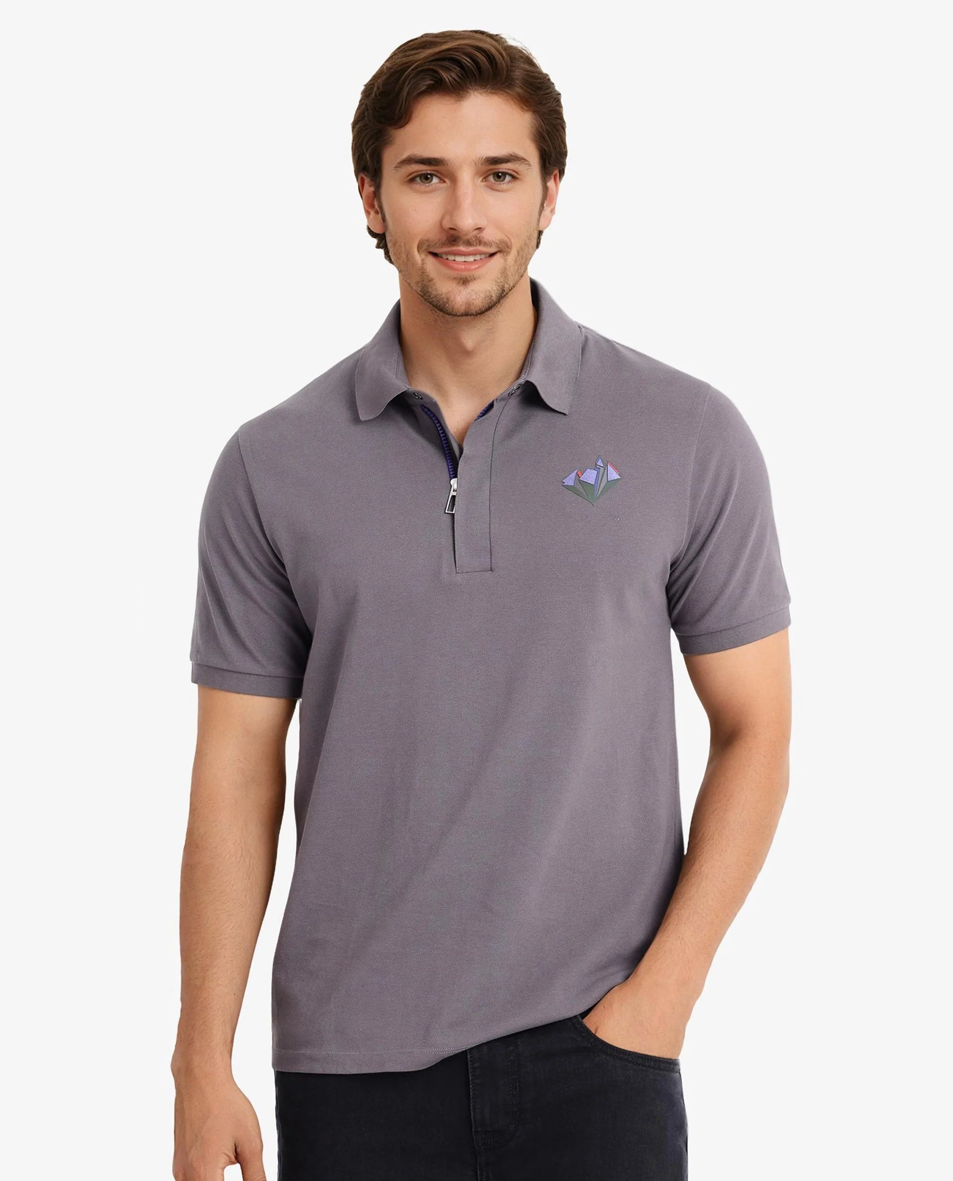 Save on men’s formal wear – perfect for your next event! Rare Rabbit Men Palmer Dusky Grey Cotton Lycra Short Sleeve Snap Button and Zip Closure Plain With Chest Graphic Print Polo T-Shirt Save on men’s formal wear – perfect for your next event! Rare Rabbit Men Palmer Dusky Grey Cotton Lycra Short Sleeve Snap Button and Zip Closure Plain With Chest Graphic Print Polo T-Shirt
