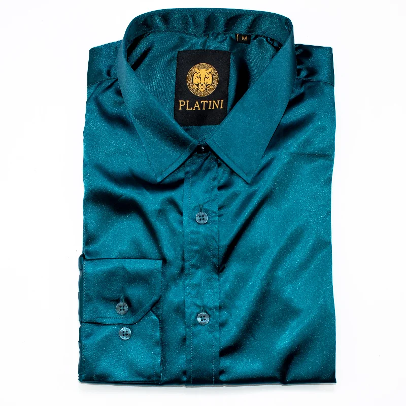 Unbeatable discounts on top-selling apparel – Only available online. Teal Satin Slim-Fit Dress Shirt Unbeatable discounts on top-selling apparel – Only available online. Teal Satin Slim-Fit Dress Shirt