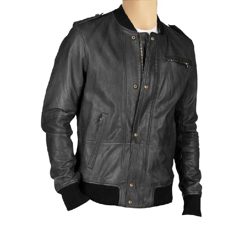 Take advantage of our men’s fashion sale – it’s your time to save! Black bomber leather jacket with button closure Take advantage of our men’s fashion sale – it’s your time to save! Black bomber leather jacket with button closure