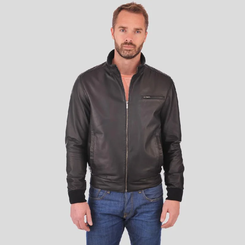 Refresh your wardrobe with the best deals on men's fashion. Flynn Black Bomber Leather Jacket Refresh your wardrobe with the best deals on men's fashion. Flynn Black Bomber Leather Jacket
