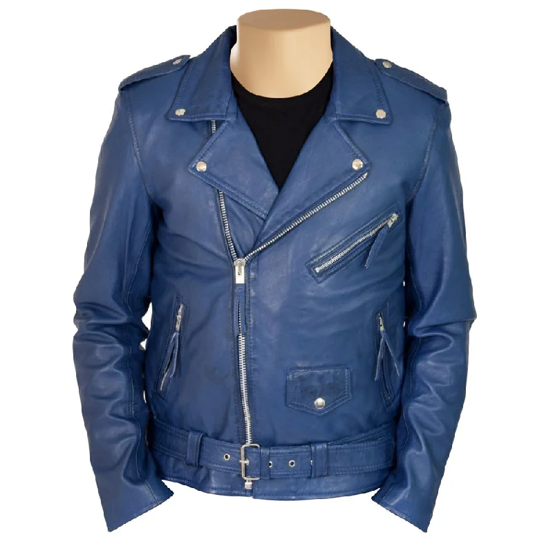 Shop the latest styles in men’s fashion – don’t miss out on these deals! Kain Blue classic biker style leather jacket with belt Shop the latest styles in men’s fashion – don’t miss out on these deals! Kain Blue classic biker style leather jacket with belt