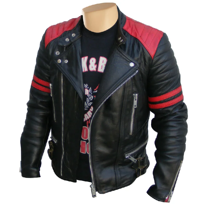 Shop the essentials – men’s wardrobe must-haves on sale. Rodger's Red and black biker style leather jacket Shop the essentials – men’s wardrobe must-haves on sale. Rodger's Red and black biker style leather jacket