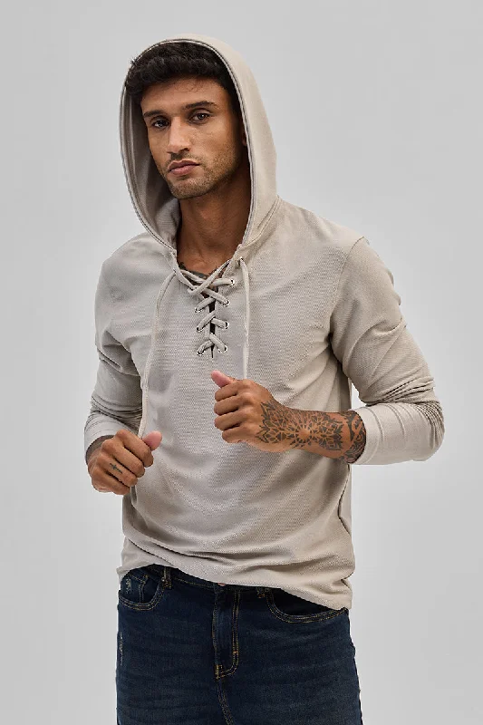 Exclusive discounts on men's fashion – shop today!  Beige Lace-Up Textured Hoodie