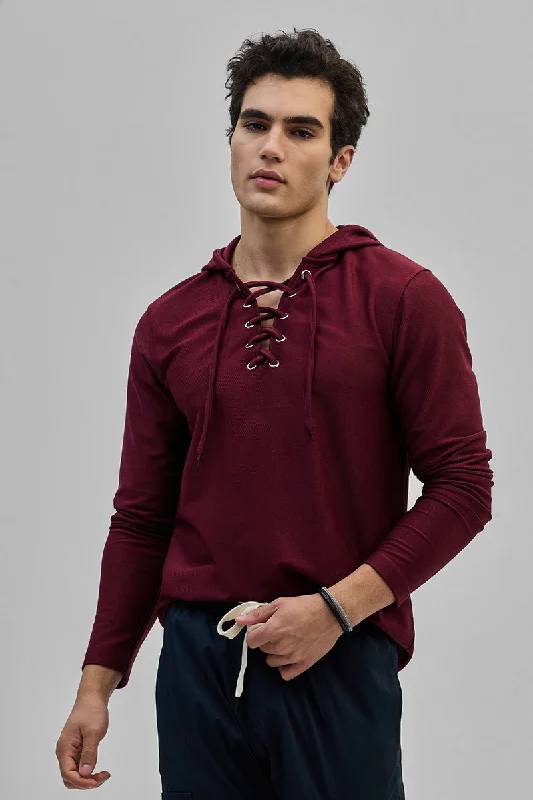 Update your look for less with men’s clothing on sale.  Maroon Lace-Up Textured Hoodie