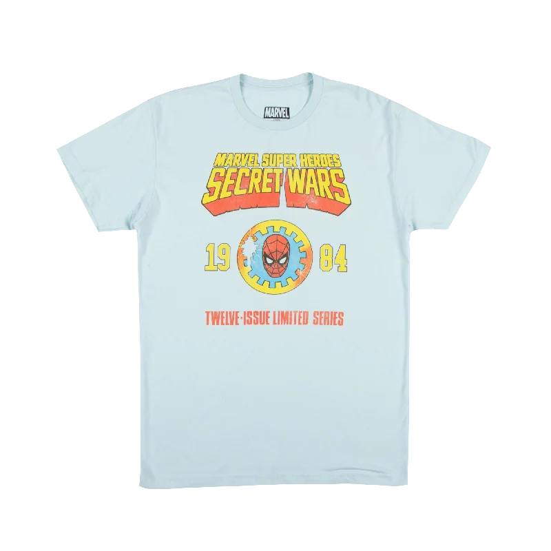 Flash sale: Save big on men's clothing this weekend!  Secret Wars 1984 Spider-Man Shield Sky Blue Tee