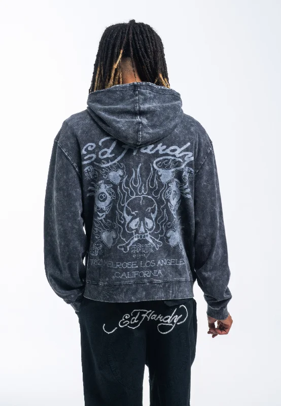 Limited-time sale: Save on all your favorite clothing items.  Mens Mono Acid Flaming Skull Zip Through Hoodie - Charcoal