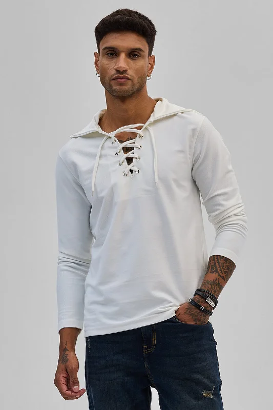 Exclusive offers on the latest clothing styles for men .  White Lace-Up Textured Hoodie
