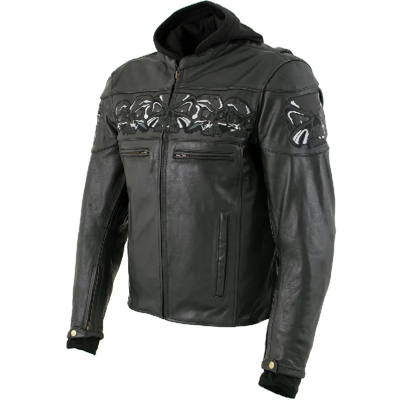Shop fashion favorites at discounted prices – Limited time offer. Xelement XS1504 Men's ‘Futile’ Black Leather CE Armored Motorcycle Hooded Jacket with Reflective Skulls Shop fashion favorites at discounted prices – Limited time offer. Xelement XS1504 Men's ‘Futile’ Black Leather CE Armored Motorcycle Hooded Jacket with Reflective Skulls