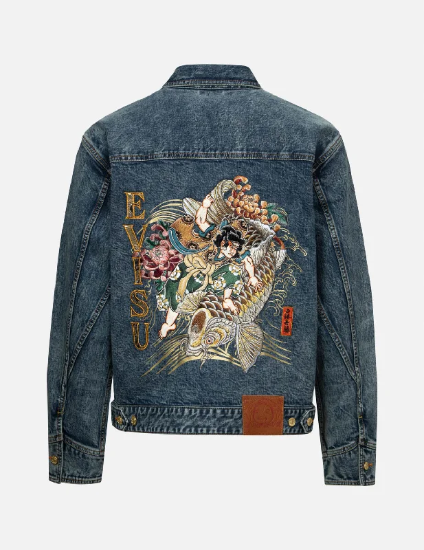 Shop new arrivals in clothing and save –  海鸥家花织锦贴布和鲤鱼刺绣宽版休闲牛仔外套