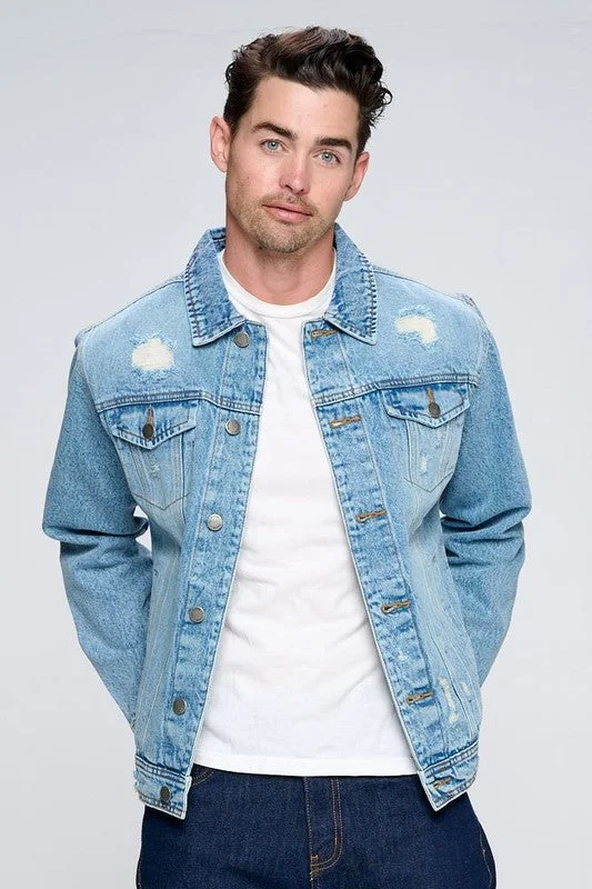 Time to upgrade your wardrobe – shop men’s fashion on sale.  Men's Denim Jacket with Distressed